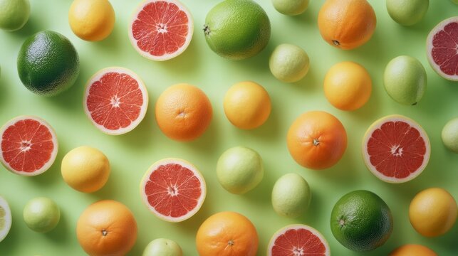 Group of citrus fruits and limes arranged on a vibrant green background
