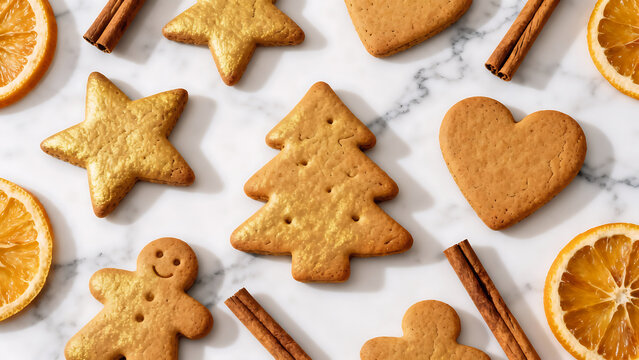 Gingerbread cookies in star, tree, and heart shapes flat lay - Powered by Adobe