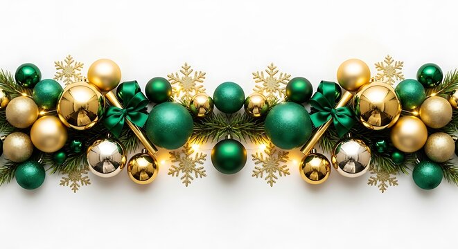 Festive christmas garland with green and gold ornaments and snowflakes - Powered by Adobe