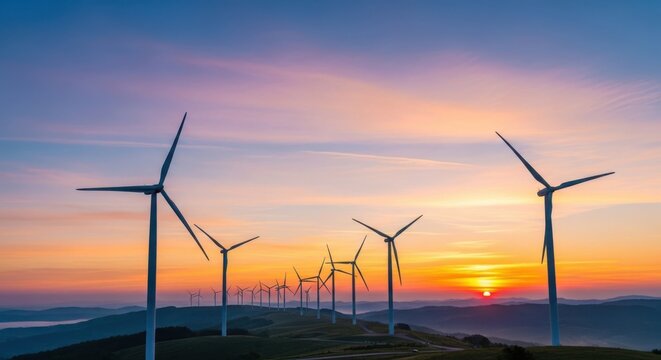 Wind turbines on a ridge at vibrant sunset