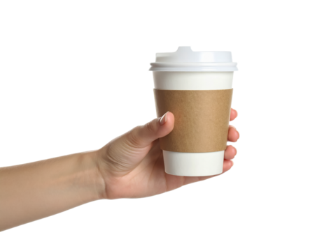 Hand holding coffee cup takeaway drink beverage hot caffeine mug on transparent background