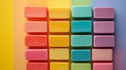 Colorful wall display of various handmade soaps in different shapes and sizes