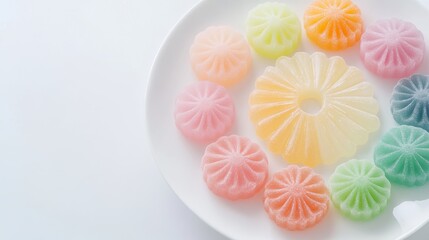 54.Bright and cheerful display of multicolored jellies in vibrant pastel shades, arranged in a circular pattern on a white plate, with soft natural light.
