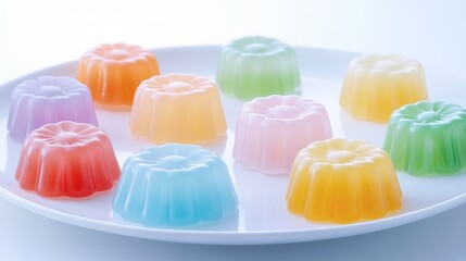 54.Bright and cheerful display of multicolored jellies in vibrant pastel shades, arranged in a circular pattern on a white plate, with soft natural light.