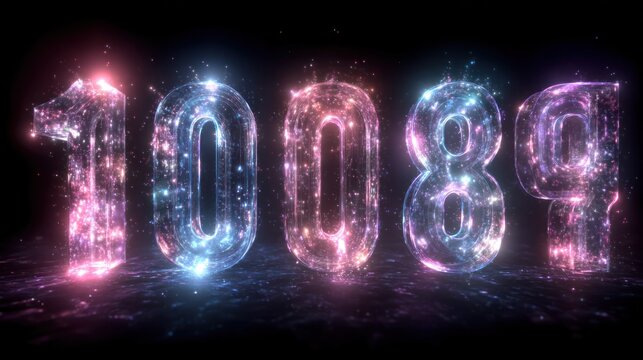 Sparkling numbers 10089 in a glowing, ethereal style against a dark background