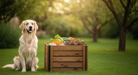 Golden retriever sitting beside wooden compost pile in garden