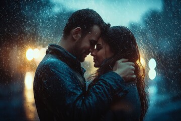 Couple embracing and kissing under rainy weather with umbrella in outdoor setting