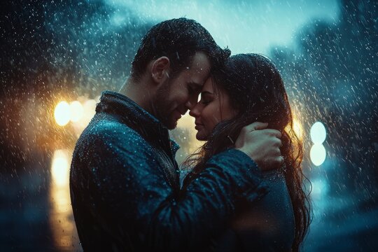 Couple embracing and kissing under rainy weather with umbrella in outdoor setting