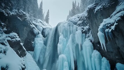A majestic waterfall partially frozen with large icicles in a snowy mountain canyon during winter. - Powered by Adobe