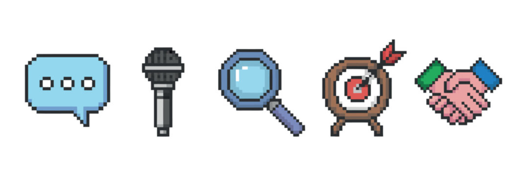 Pixel Art Speech Bubble, Microphone, Magnifier, Target and Handshake Icons
