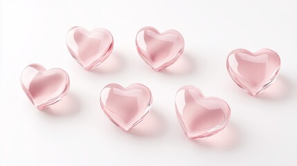 Obraz premium 120.Realistic 3D glass hearts in soft pink tones, with smooth, polished surfaces and subtle light refractions, placed on a white background to highlight their realistic, delicate shapes