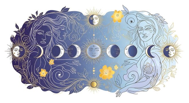 Abstract faces, flowing feminine figures, organic line work, moon phases, delicate florals, and intricate sun and moon motifs.