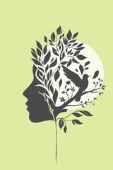Surreal profile silhouette filled with blooming leaves and a bird perched on a branch, symbolizing inner peace, growth, and mental freedom in a harmonious, nature-inspired mindscape.