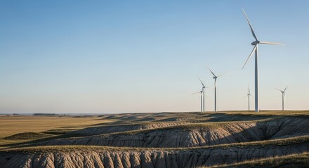 Wind turbines on eroded landscape under clear blue sky representing ecology