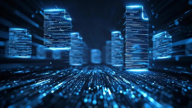 Futuristic document hovering over a digital landscape, with a neon glow and luminous lines suggesting data streams and connectivity in a virtual environment. Cybernetic theme.