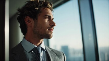 Man adjusts his tie while preparing for a formal event in a high-rise building overlooking the city skyline - Powered by Adobe