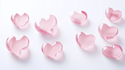 118.A set of realistic 3D glass hearts in varying sizes, in soft pink hues, casting delicate shadows on a clean white surface, reflecting light with a smooth, glassy texture, perfect for Valentineâ€™s