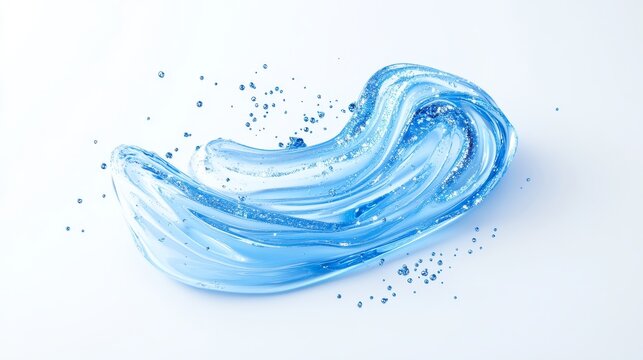 58.Close-up of a smooth, swirled smear of blue transparent gel with tiny shimmering bubbles, reflecting soft light on a clean white surface.