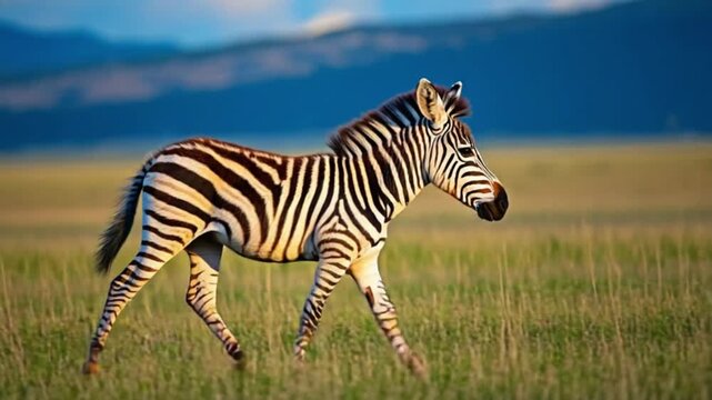 Zebra calf trotting through a grassy field with mountains in the distant background view scene zebra video