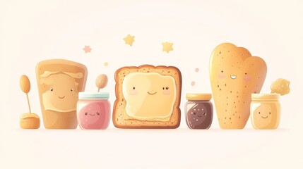 71.Cheerful vector image of a slice of toast with peanut butter and jelly, smiling alongside jars of peanut butter and jelly, each with playful expressions, surrounded by soft colors and playful