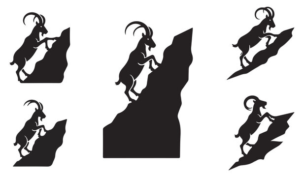 Set of five mountain goat silhouettes climbing steep rocky cliffs in various dynamic poses collection graphic design