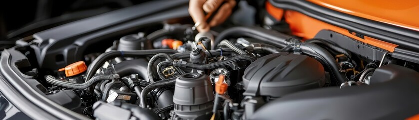 Fototapeta premium A close-up of a car engine being inspected, showcasing intricate details of the mechanical components and a hand working on it.