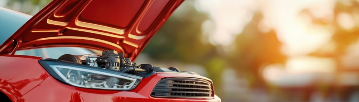 A close-up of a red car with its hood open, showcasing the engine, illuminated by warm sunlight in the background.