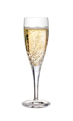 A glass of champagne, fizzy wine, as a birthday celebration or to celebrate the New Year with some fizzy bubbles on the top in a cut crystal glass, flute, isolated against a transparent background.