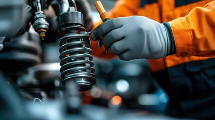 A technician adjusts mechanical components in a workshop, showcasing precision and expertise in automotive maintenance.