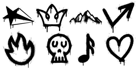 collection of bold black graffiti icons with dripping spray paint effect. Set includes street art style symbols such as a star, crown, mountains, arrow, flame, skull, music note, and heart. © Doa Bunda
