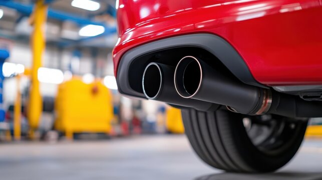 A close-up view of a car's dual exhaust pipes, showcasing a sleek design in a workshop setting with blurred machinery in the background.