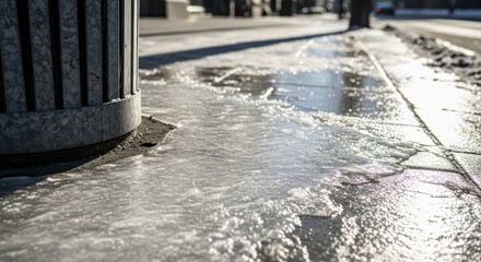 Icy sidewalk near trash bin on sunny winter day in urban area  