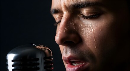 Closeup of a man sweating profusely while singing into a vintage microphone.