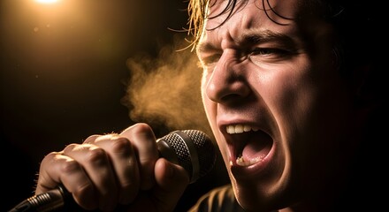 A singer performs with intense emotion into a microphone on stage.