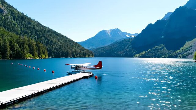 Seaplane parked on a long white dock floating on a calm blue lake surrounded by steep green mountains under a clear sky