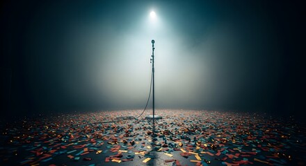 A microphone stands alone on a stage covered in confetti after a performance.