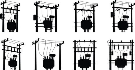 Fototapeta premium Silhouette vector illustration of electrical transformer pole configurations—power distribution infrastructure layout for engineering, planning, technical reference, and utility system design