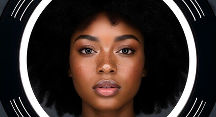 A beautiful woman with dark skin and freckles is illuminated by a ring light.
