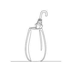Closed umbrella in modern vase stand one-line drawing on white