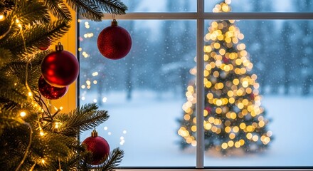 Cozy christmas decorated tree seen through window with snowy winter landscape