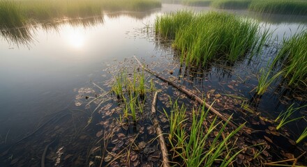Marshland with floating debris and green grass at sunrise, concept of ecology  