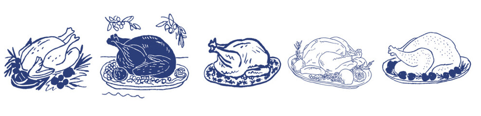 Obraz premium Christmas turkey doodle set of hand-drawn festive holiday illustrations