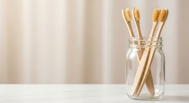 Bamboo toothbrushes standing in a glass jar on a neutral background  