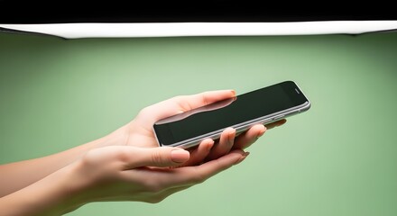 A person holds a smartphone horizontally in their hands against a green background.