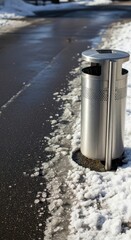 Trash bin next to melting snow on a clear sidewalk in winter  