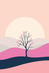 A minimalist spring landscape featuring a lone blooming tree against soft pastel hills and a rising sun, symbolizing peace, renewal, and natural beauty.
