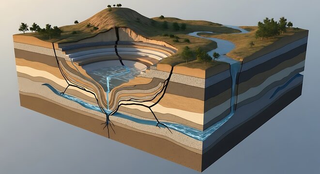 A 3d cross section of a geological formation with layers of earth, rock, and water, showing the effects of erosion and groundwater flow