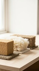Natural insulation samples displayed on wooden table in bright room  