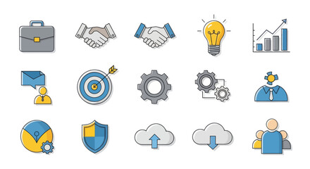 Business and technology concepts illustrated through icons including
