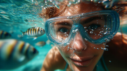 Fototapeta premium Snorkeler POV drifting through tropical lagoon with curious fish approaching, gentle bubbles, vacation serenity, with copy space